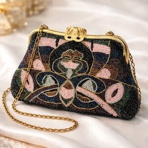Vintage Beaded Evening Clutch Gold Frame Floral Chain Strap